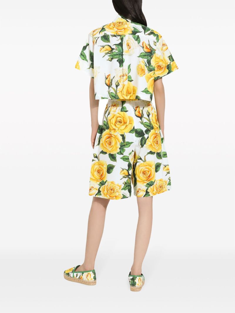 White Rose Print Cropped Shirt