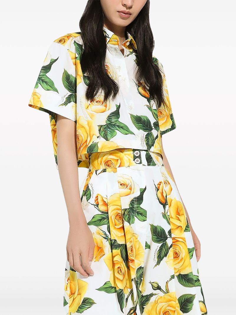 White Rose Print Cropped Shirt