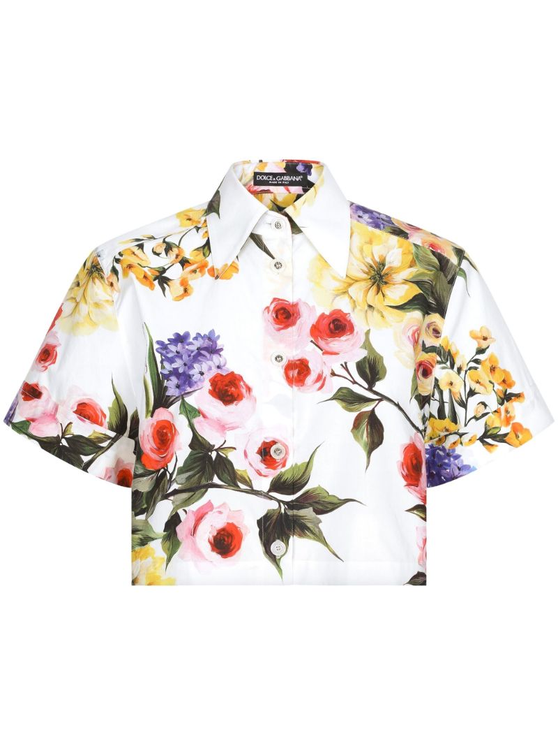 White Garden Print Cropped Shirt