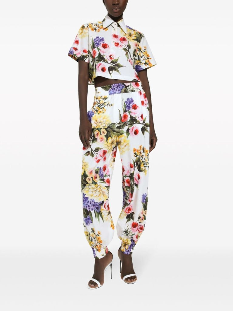 White Garden Print Cropped Shirt