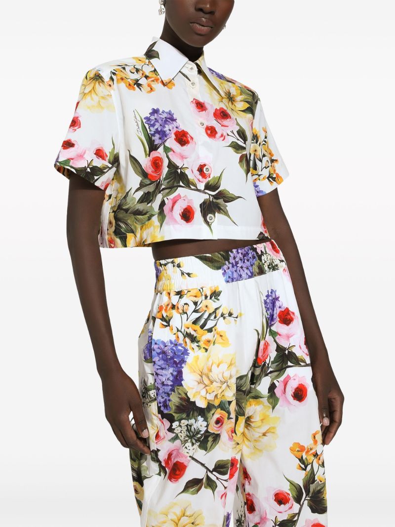 White Garden Print Cropped Shirt