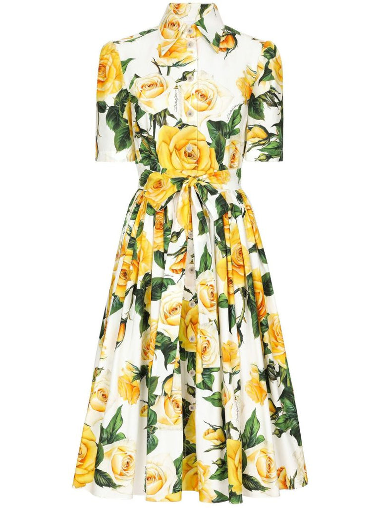 White Rose Print Pleated Shirt Dress