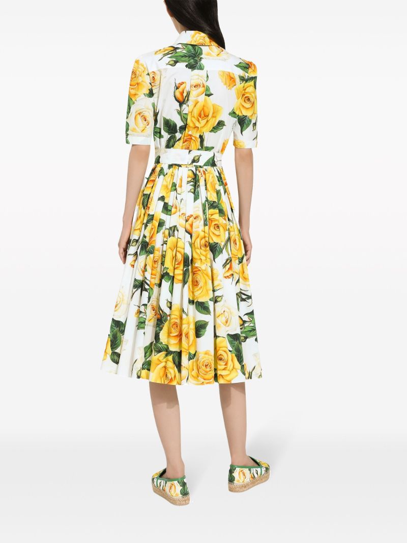 White Rose Print Pleated Shirt Dress