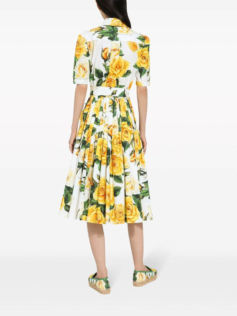 White Rose Print Pleated Shirt Dress