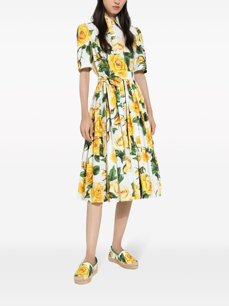 White Rose Print Pleated Shirt Dress
