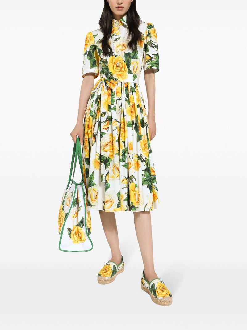 White Rose Print Pleated Shirt Dress