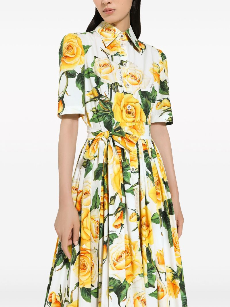 White Rose Print Pleated Shirt Dress