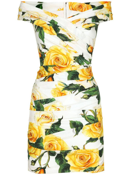 White Rose Print Off the Shoulder Dress