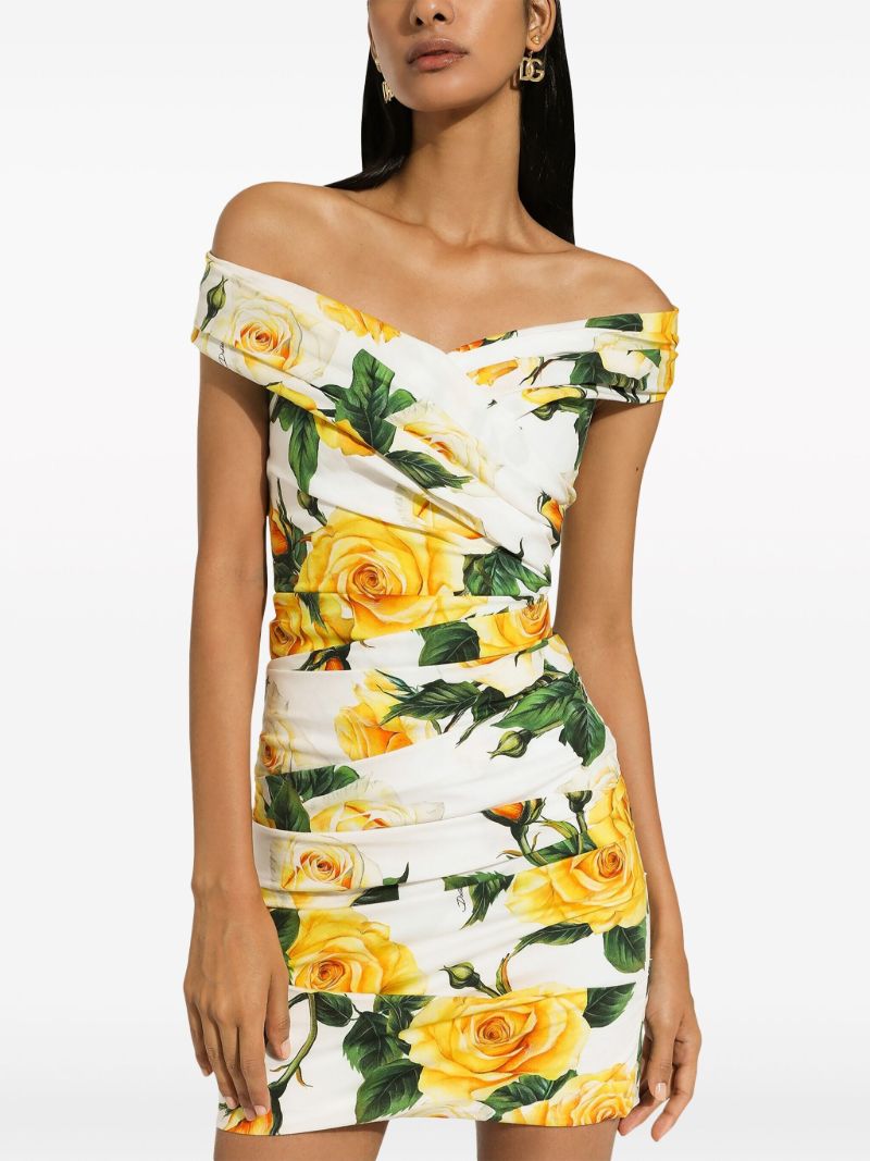 White Rose Print Off the Shoulder Dress