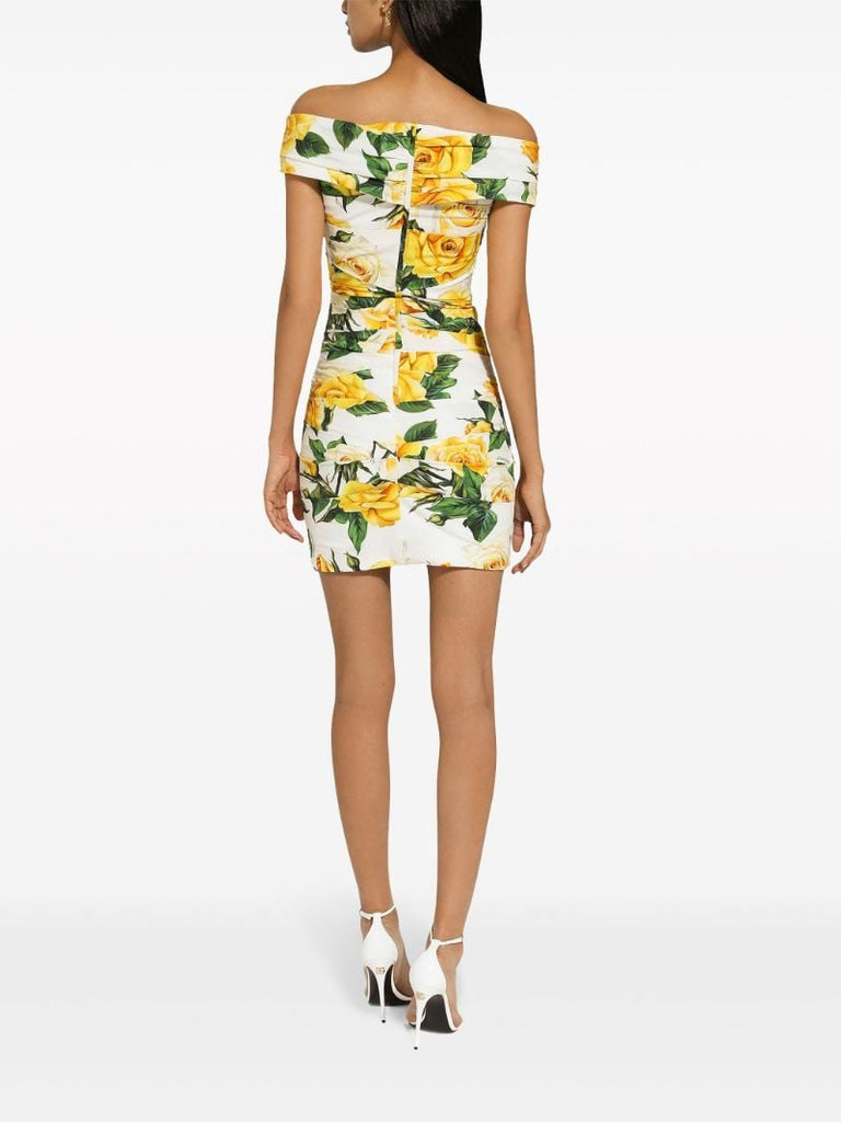 White Rose Print Off the Shoulder Dress