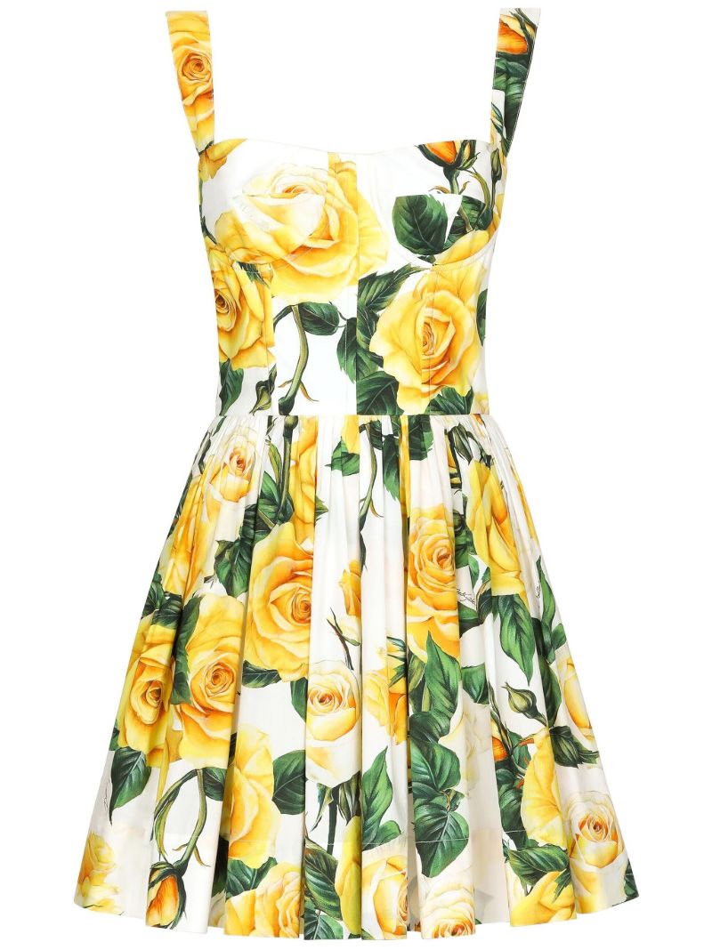 White Rose Print Pleated Mini Dress