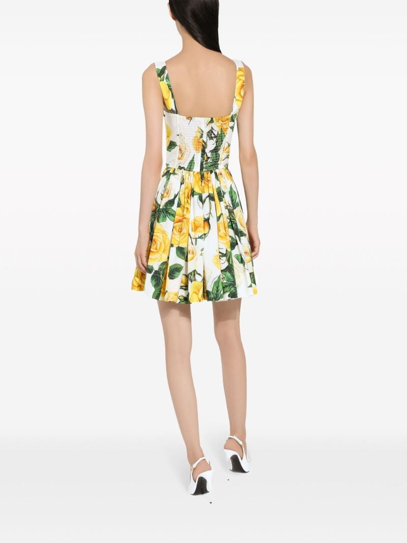 White Rose Print Pleated Mini Dress