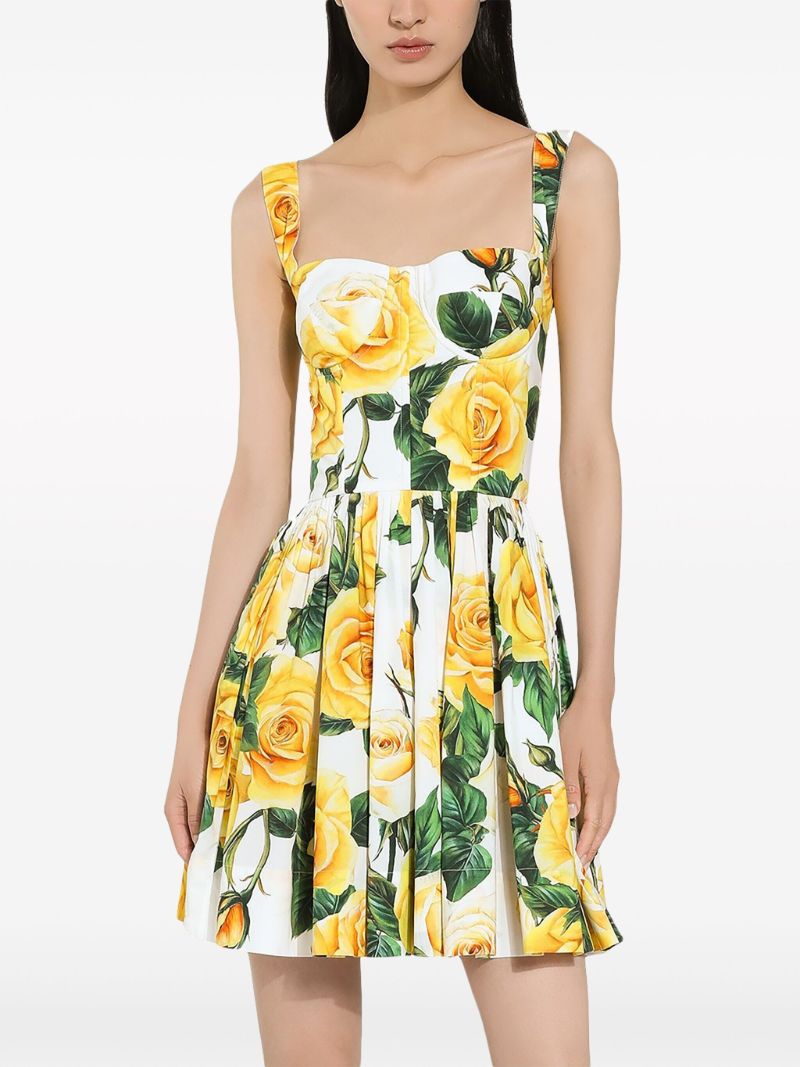 White Rose Print Pleated Mini Dress
