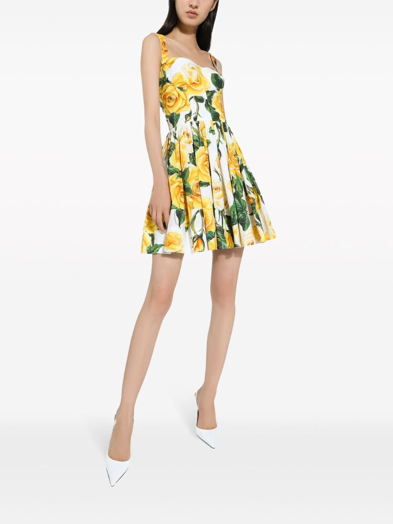 White Rose Print Pleated Mini Dress