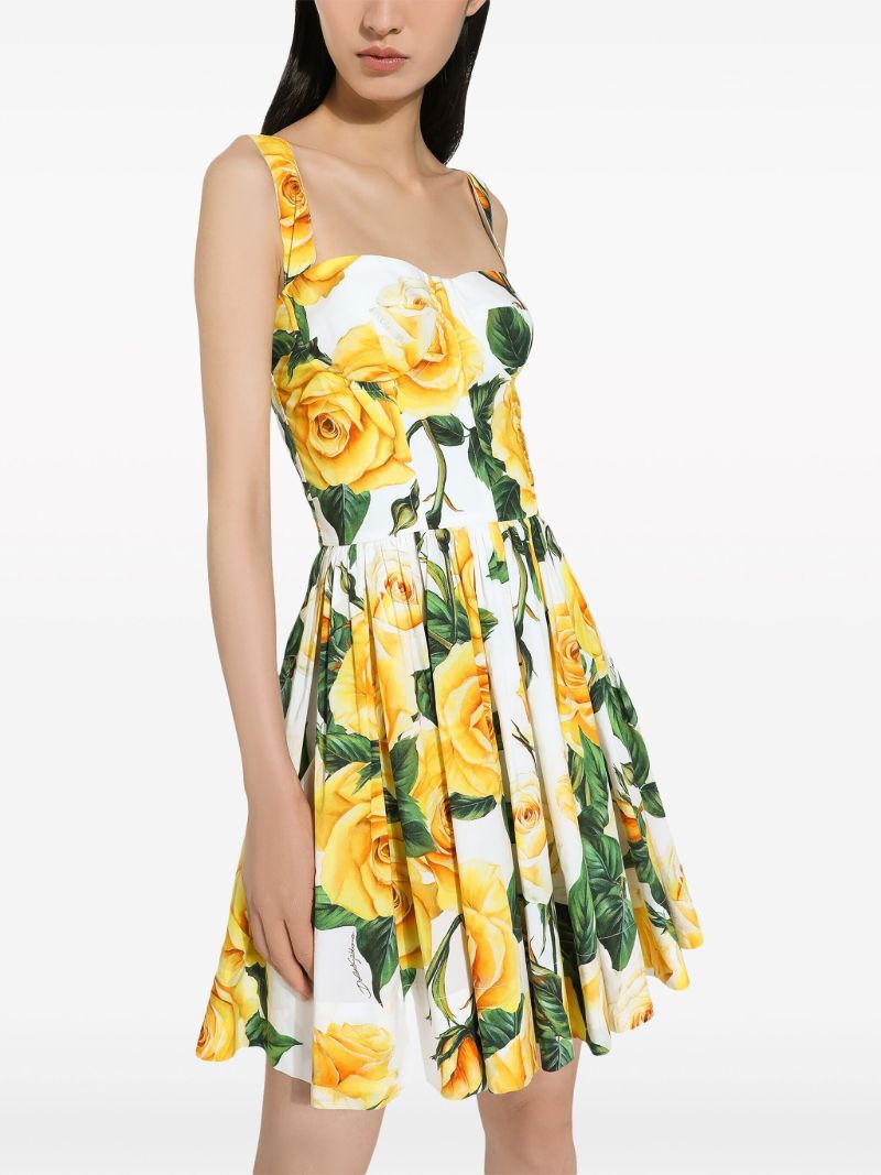 White Rose Print Pleated Mini Dress