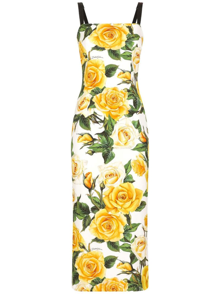 White Rose Print Midi Dress
