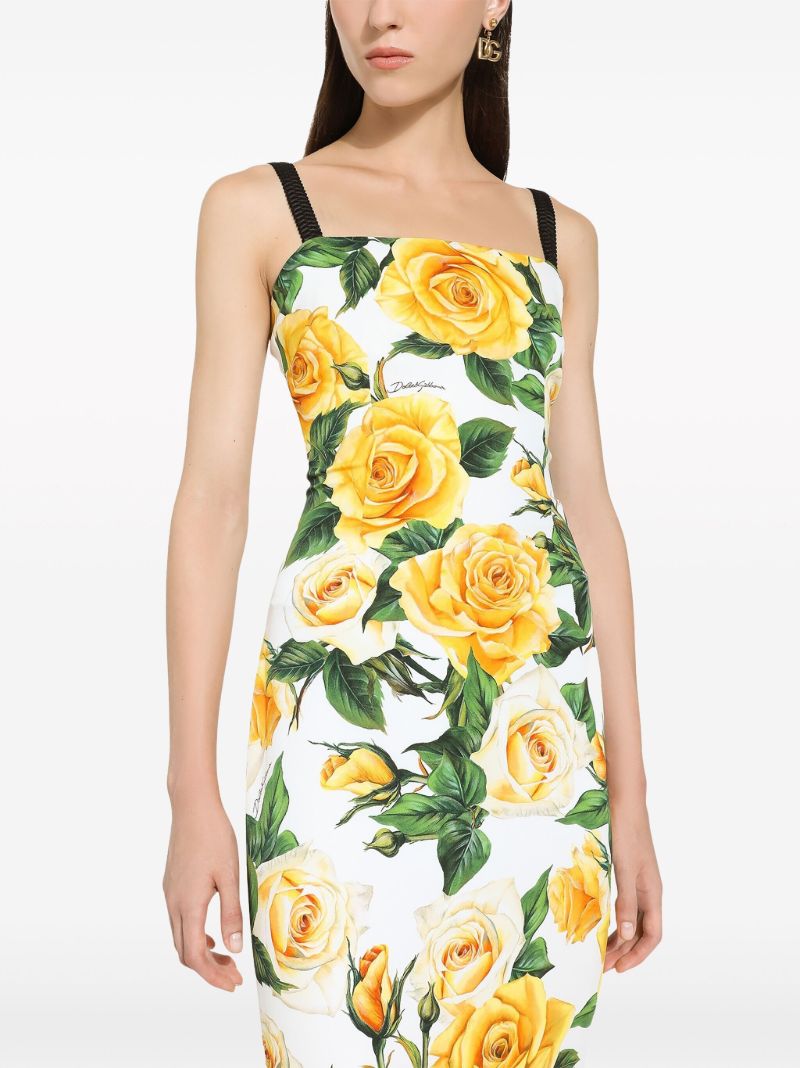 White Rose Print Midi Dress