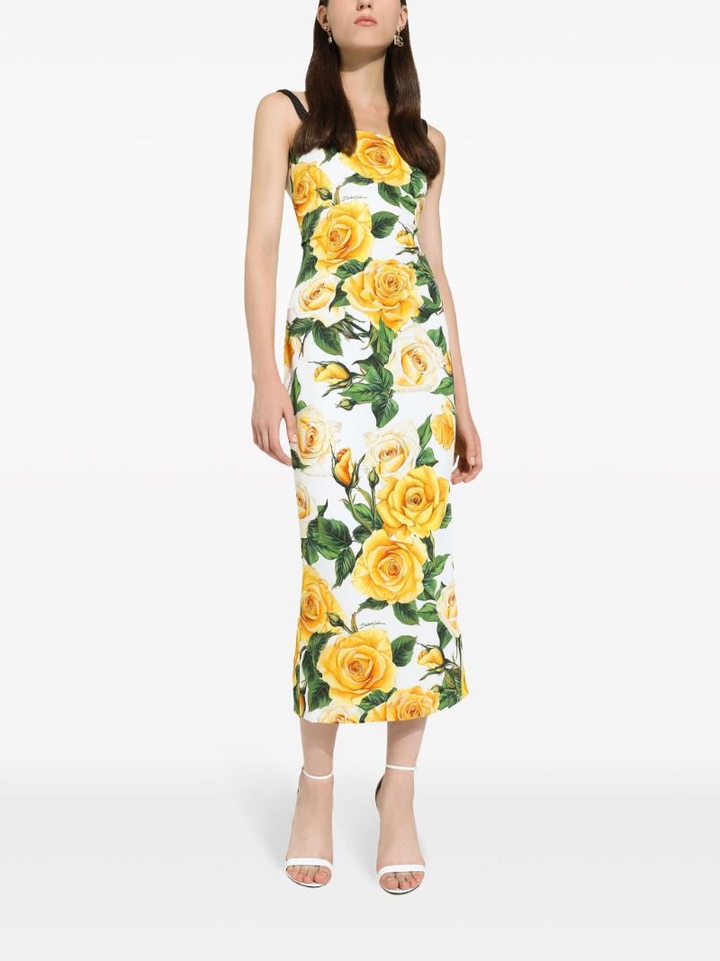 White Rose Print Midi Dress