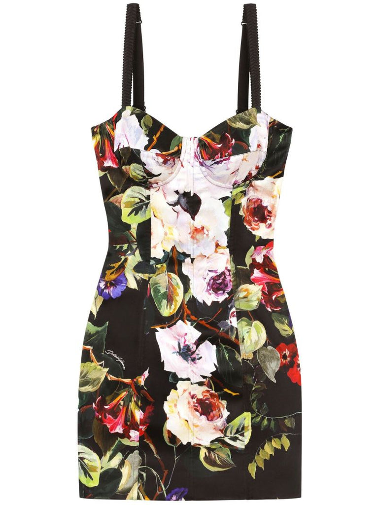 Black Garden Print Corset Mini Dress