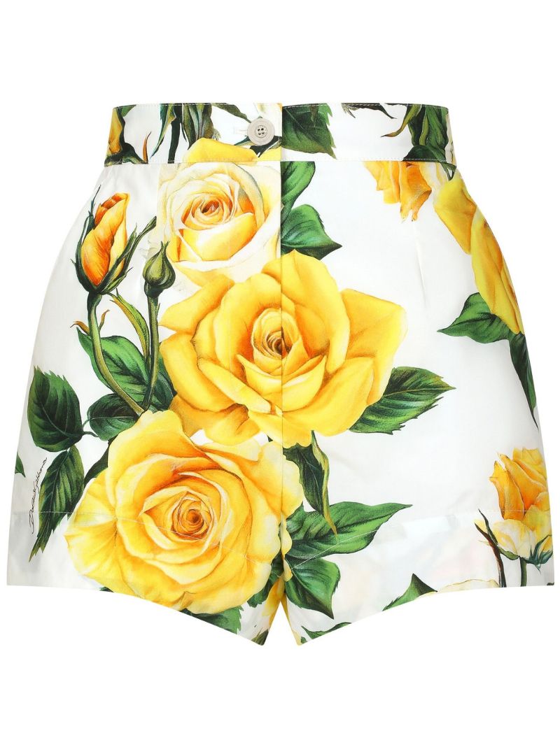White Rose Print Cotton Shorts