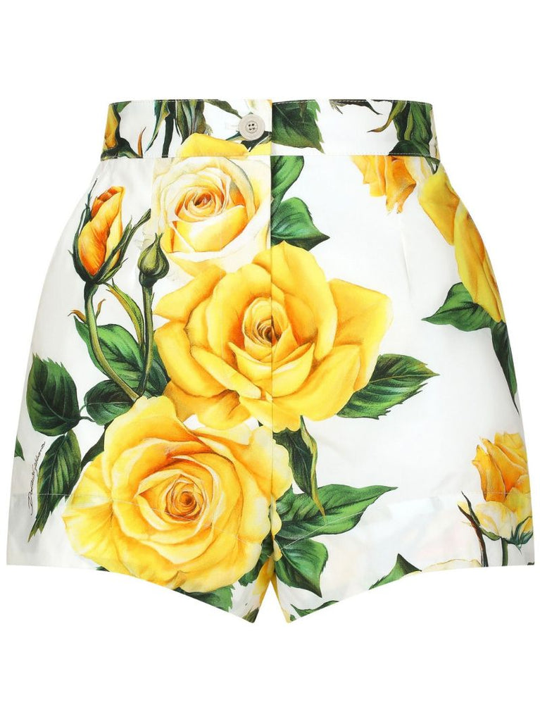 White Rose Print Cotton Shorts