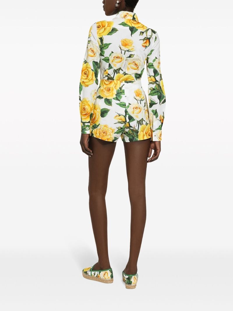 White Rose Print Cotton Shorts
