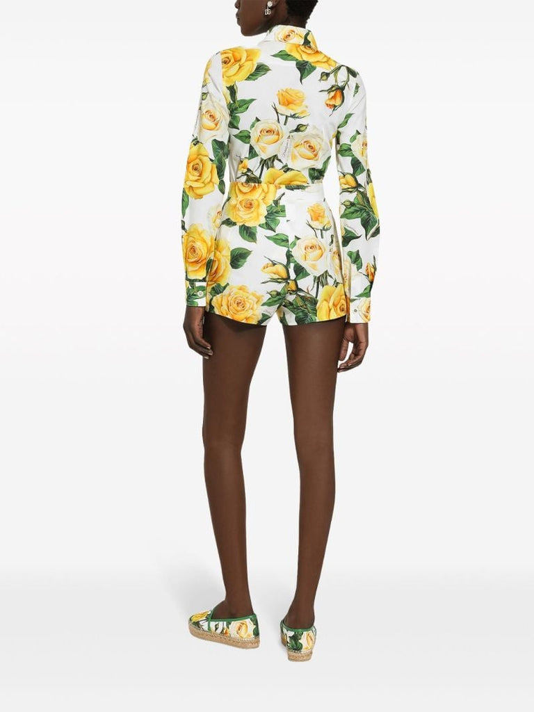 White Rose Print Cotton Shorts