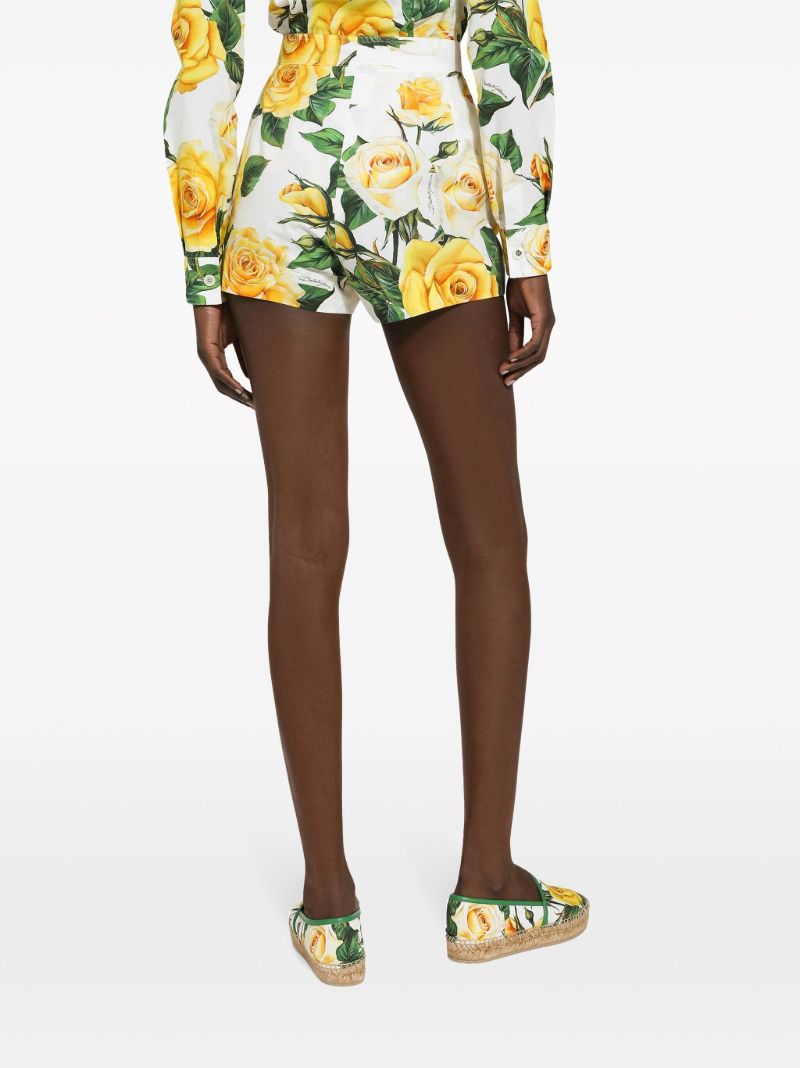 White Rose Print Cotton Shorts