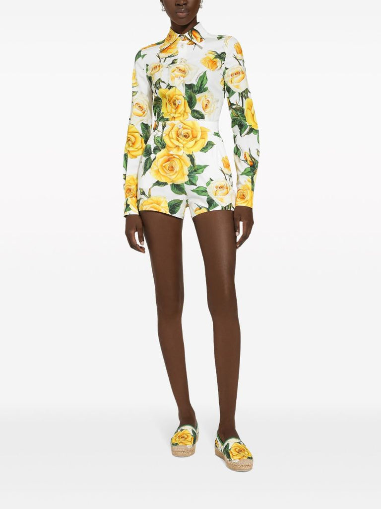 White Rose Print Cotton Shorts