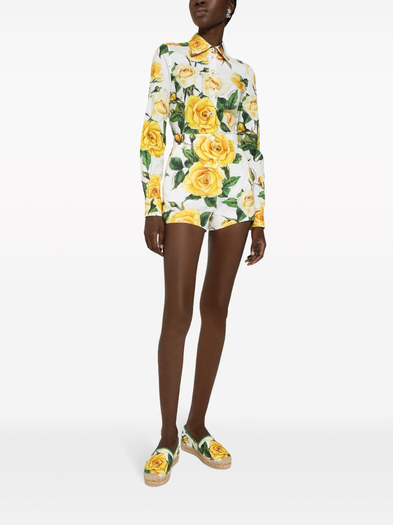 White Rose Print Cotton Shorts