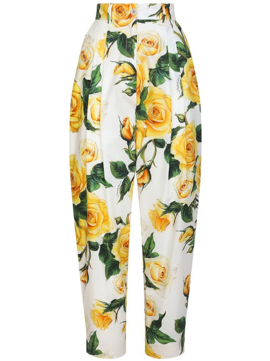 White Rose Print Tapered Trousers