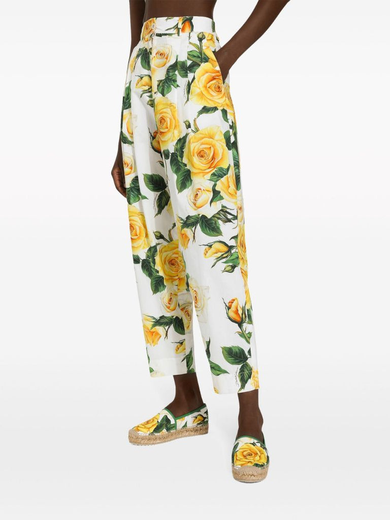 White Rose Print Tapered Trousers