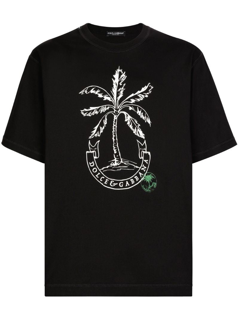 Black Palm Print Cotton T-shirt