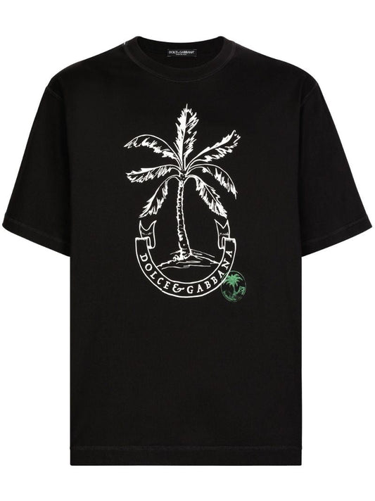 Black Palm Print Cotton T-shirt