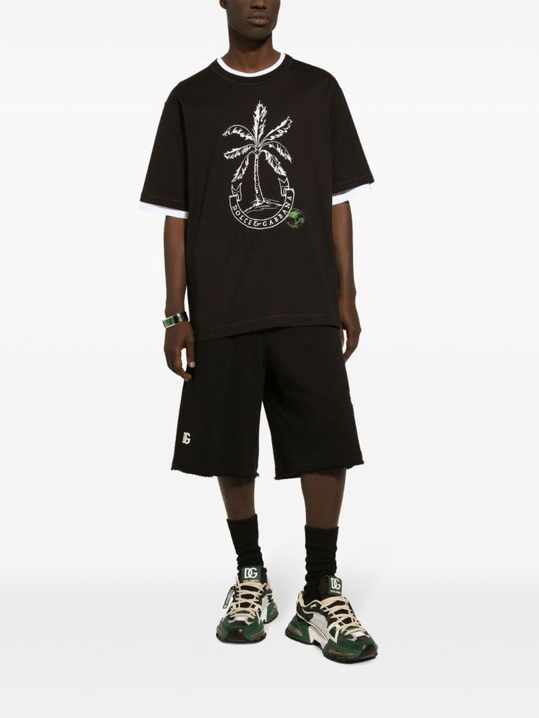 Black Palm Print Cotton T-shirt