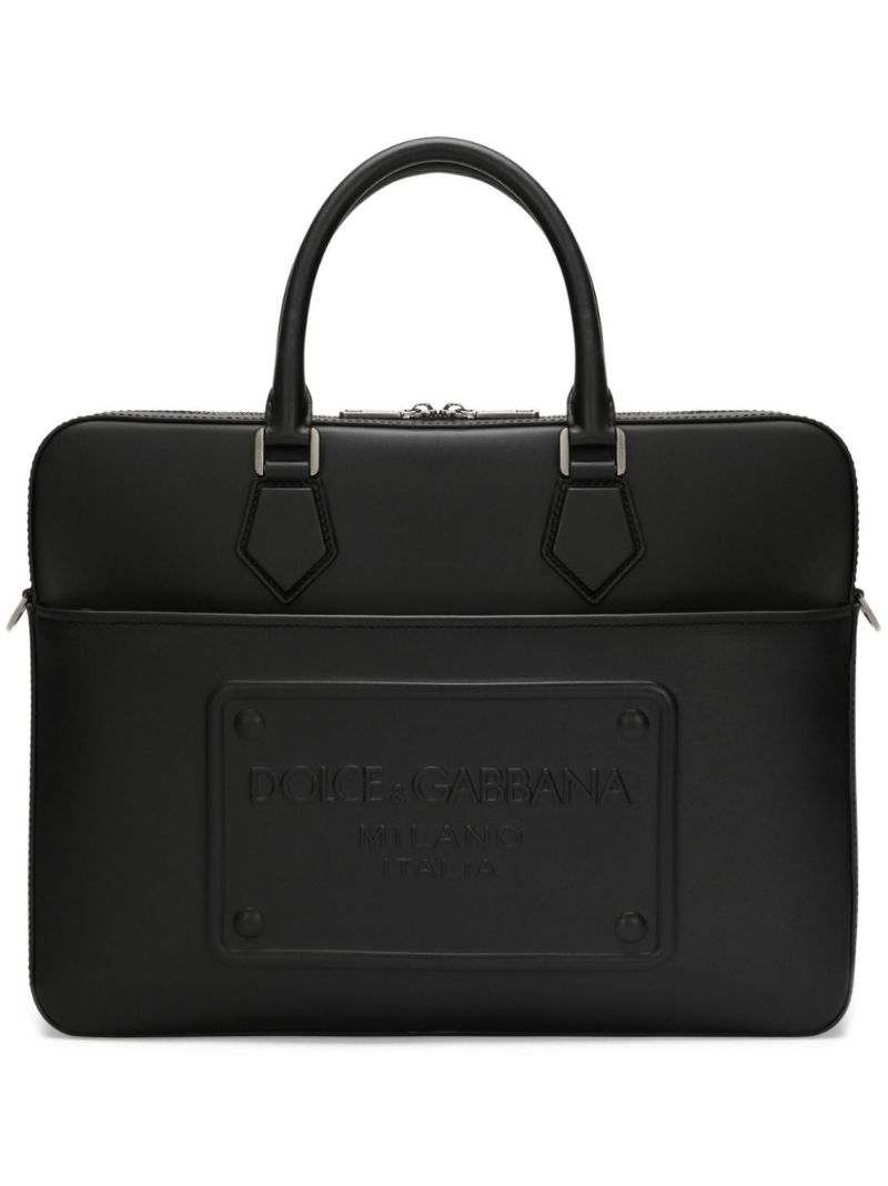 Black Logo-embossed Leather Briefcase