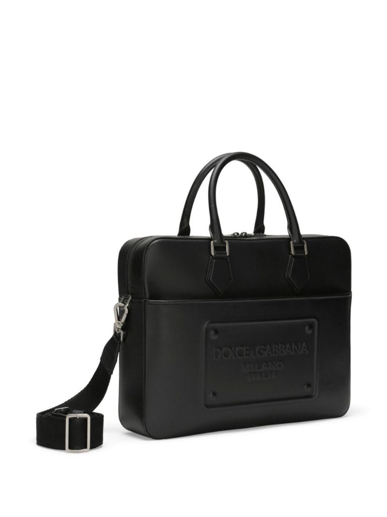Black Logo-embossed Leather Briefcase