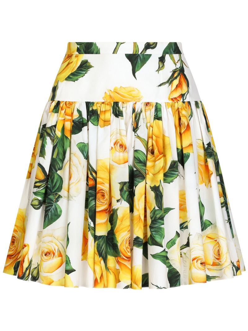 White Rose Print Pleated Mini Skirt