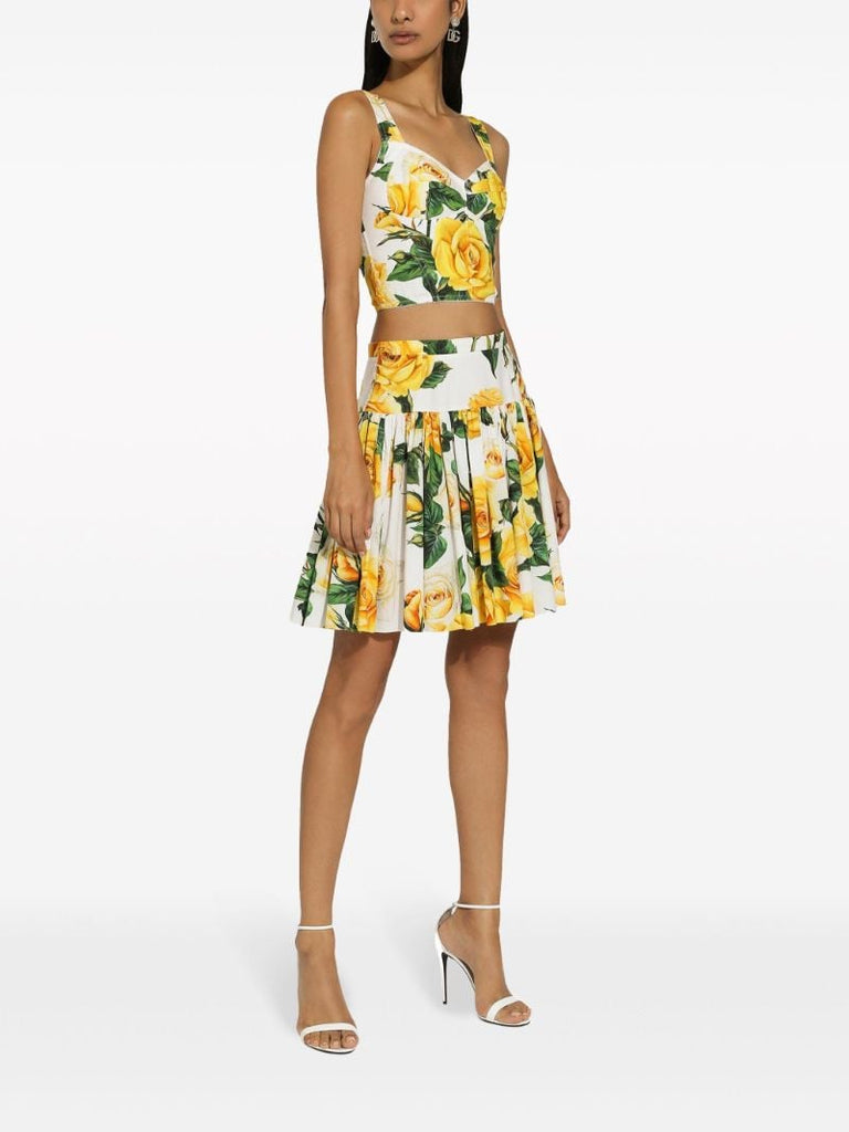 White Rose Print Pleated Mini Skirt