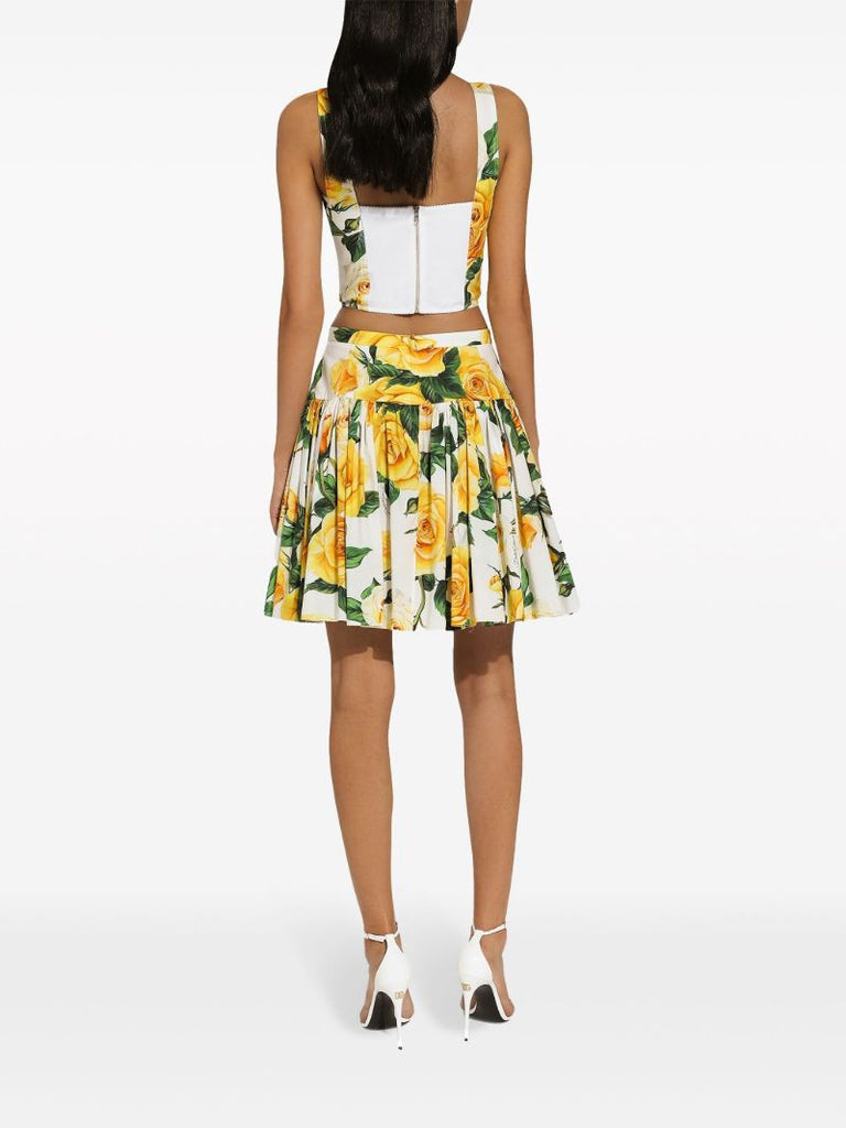 White Rose Print Pleated Mini Skirt