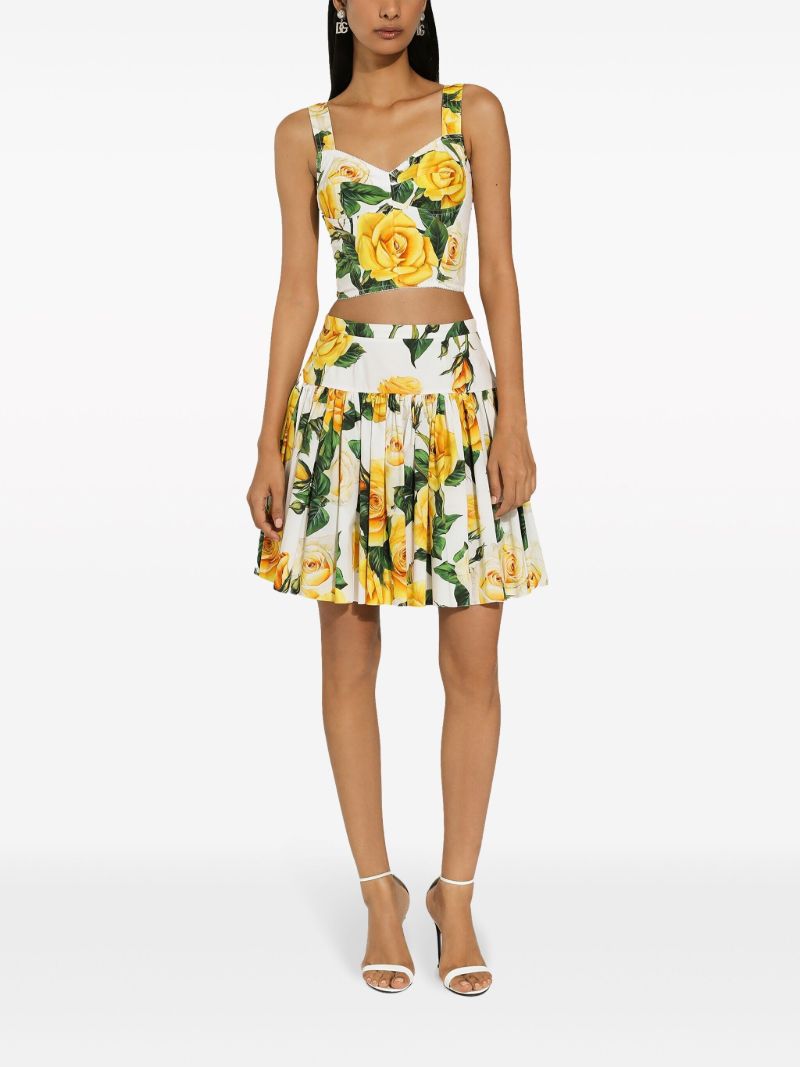 White Rose Print Pleated Mini Skirt