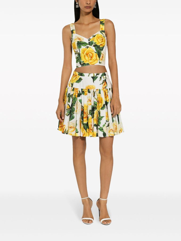 White Rose Print Pleated Mini Skirt