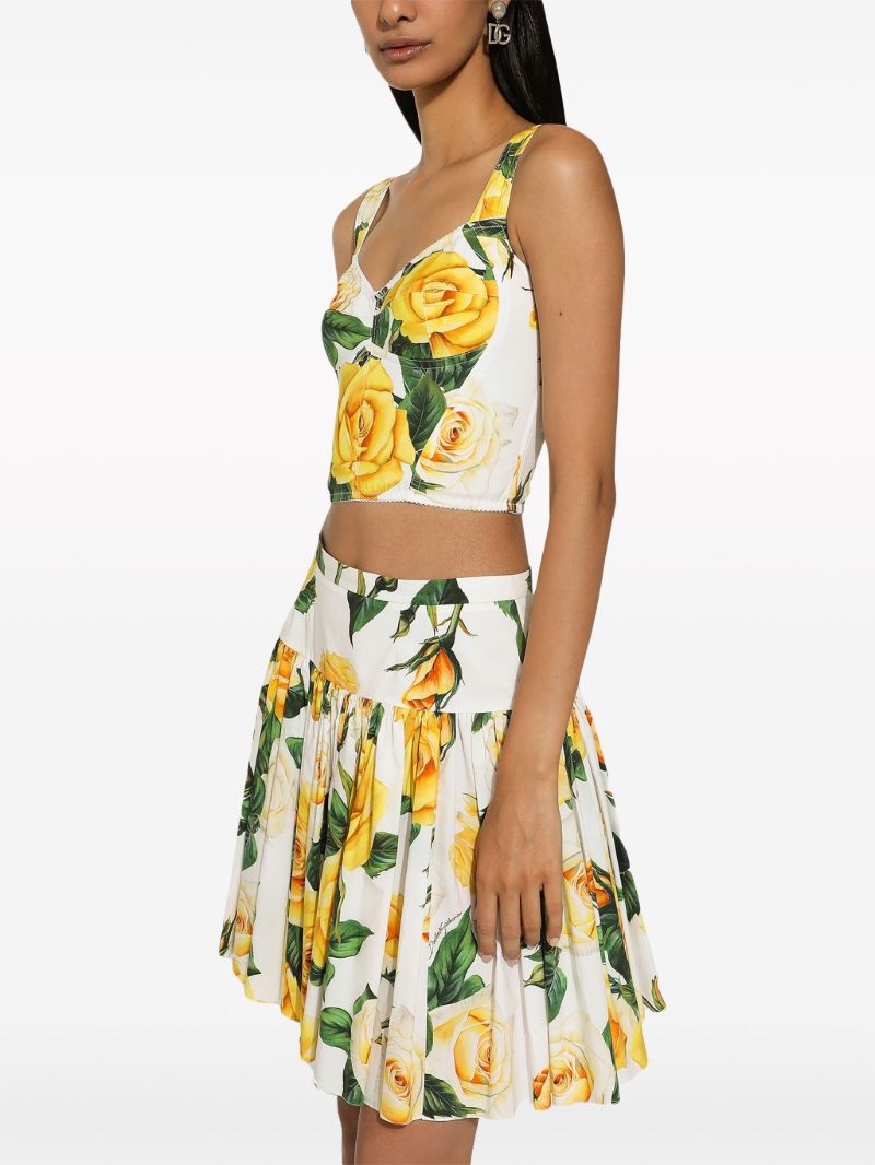 White Rose Print Pleated Mini Skirt