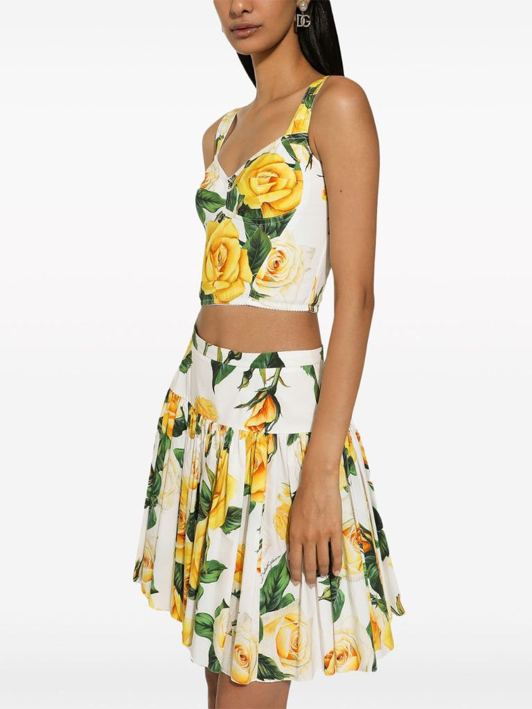White Rose Print Pleated Mini Skirt