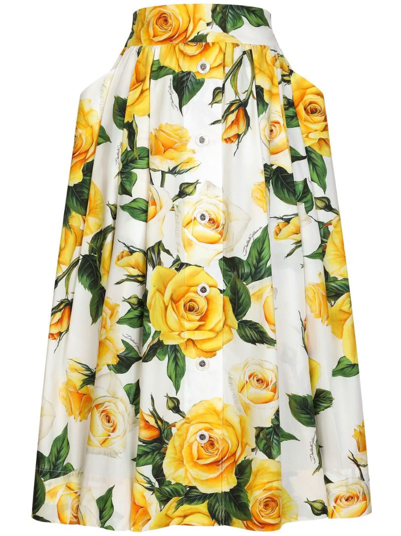 White Rose Print Midi Skirt