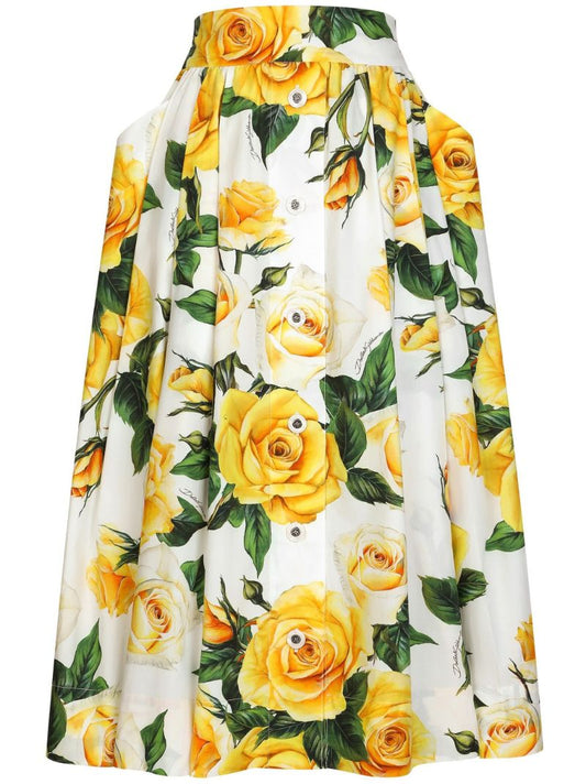 White Rose Print Midi Skirt