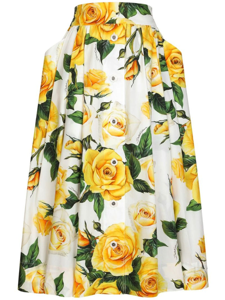 White Rose Print Midi Skirt