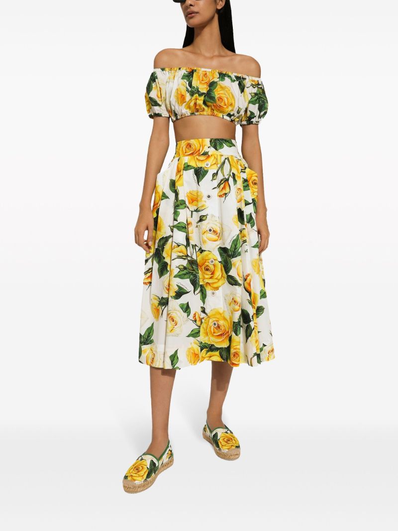 White Rose Print Midi Skirt