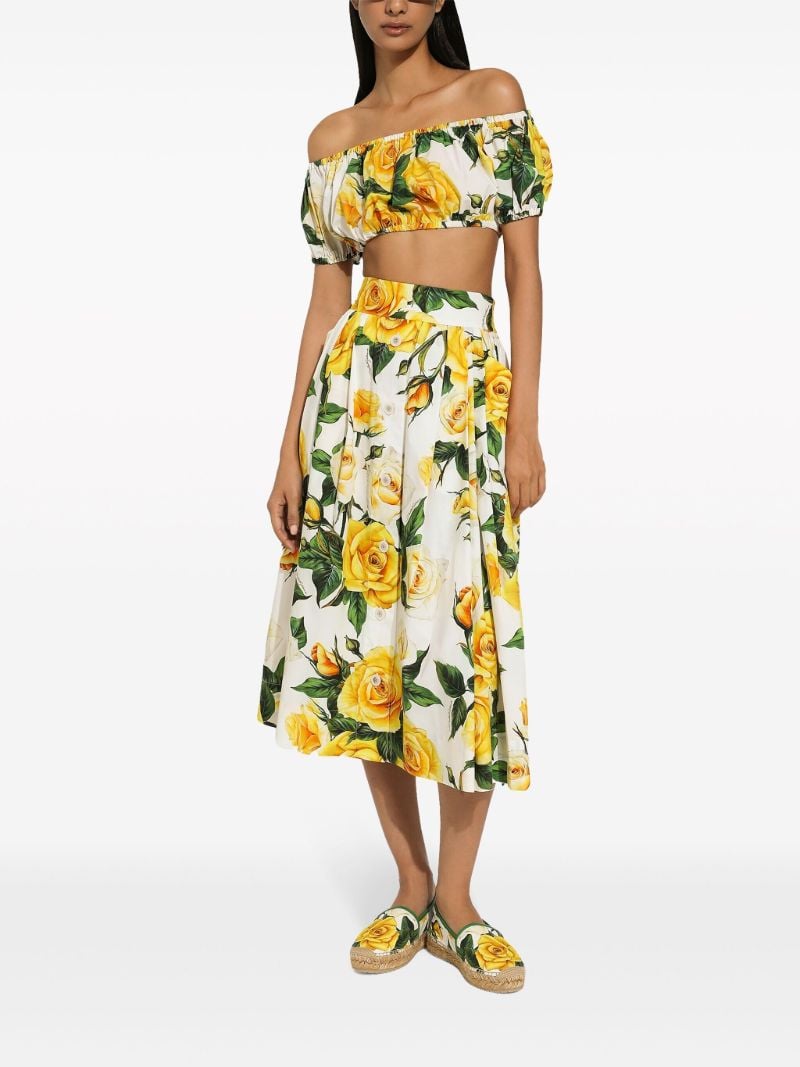 White Rose Print Midi Skirt