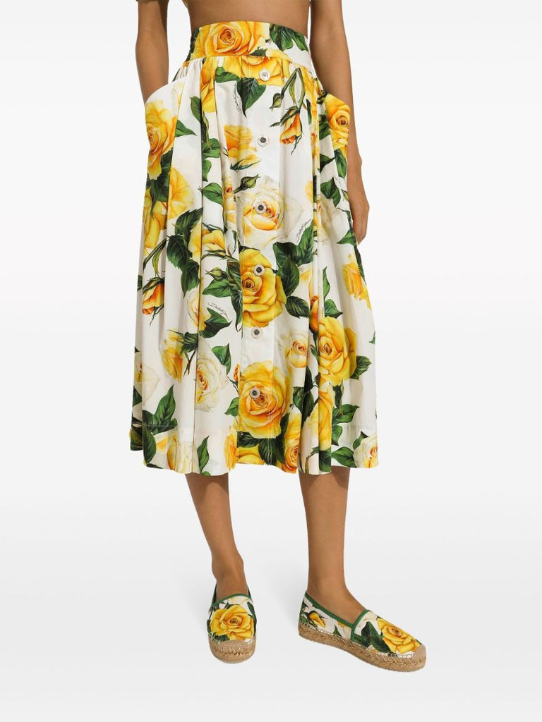 White Rose Print Midi Skirt